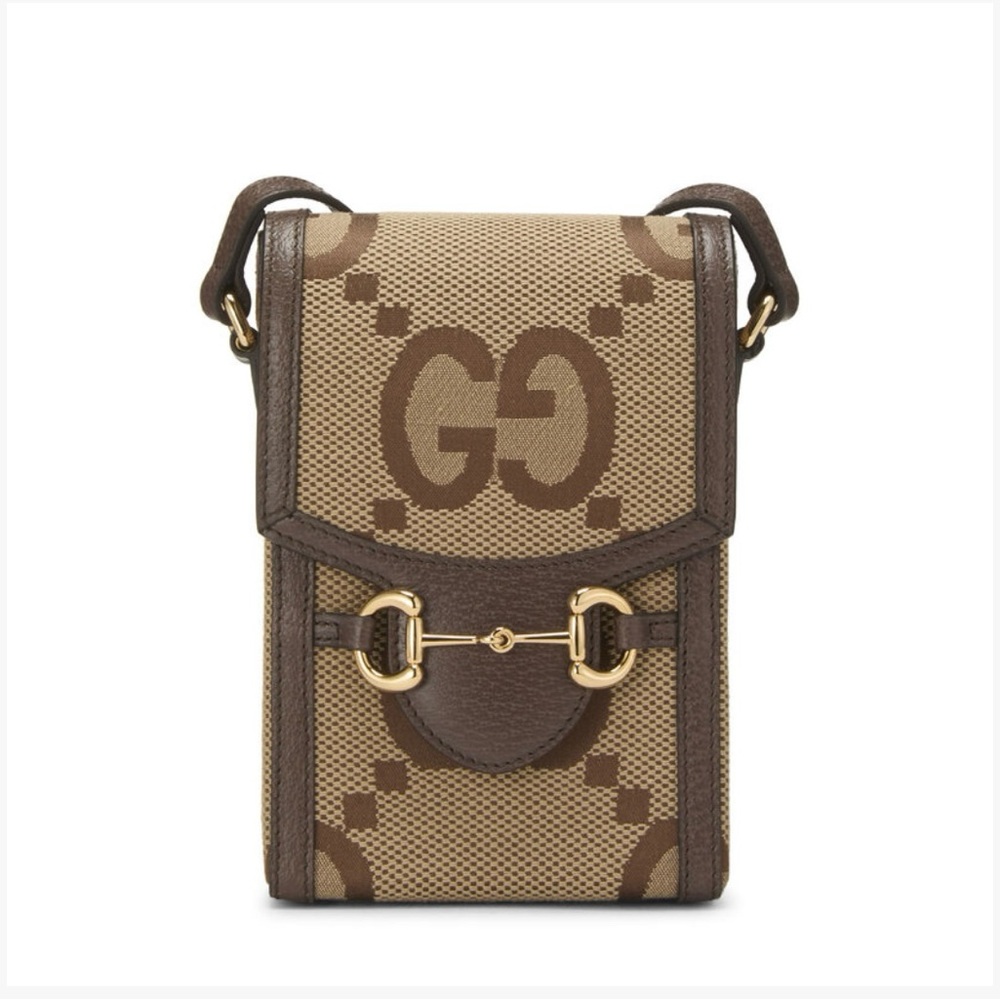 Gucci Jumbo GG Mini Messenger Phone Bag in Logo Canvas Camel Ebony